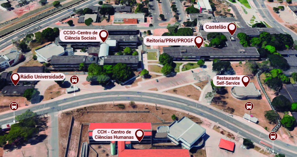 Rádio Universidade, pontos de ônibus, CCSO (Centro Ciência Sociais),
Reitoria/PRH/PROGF , Castelão, Restaurante Self-Service. CCH (Centro de
Ciências Humanas).